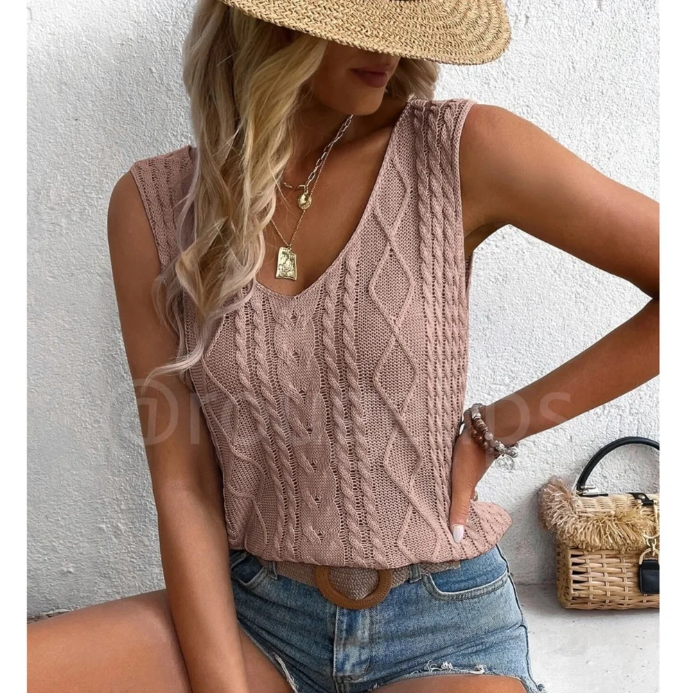 Dusty Pink Knit Tank Top V-Neck Sleeveless - Picture 1 of 8